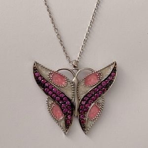 925 Silver handmade necklace pink butterfly cz